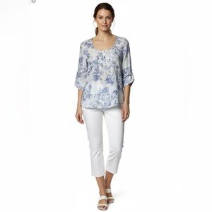 MARKS & SPENCER 100% Linen with Love White Blue 3/4 Roll Tab Sleeve Top Sz S